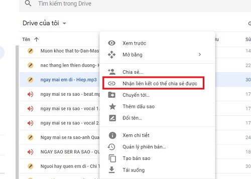 nhận liên kết google drive